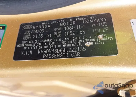 2004 Hyundai Elantra Gls/Gt z USA, uszkodzony, nr VIN KMHDN46D64U722135